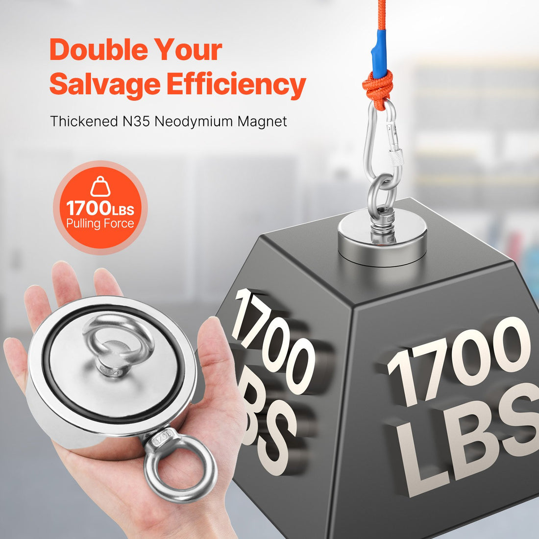 1700 LBS Strong Fishing Magnet Kit Double Sided Pull Force Rope Carabiner